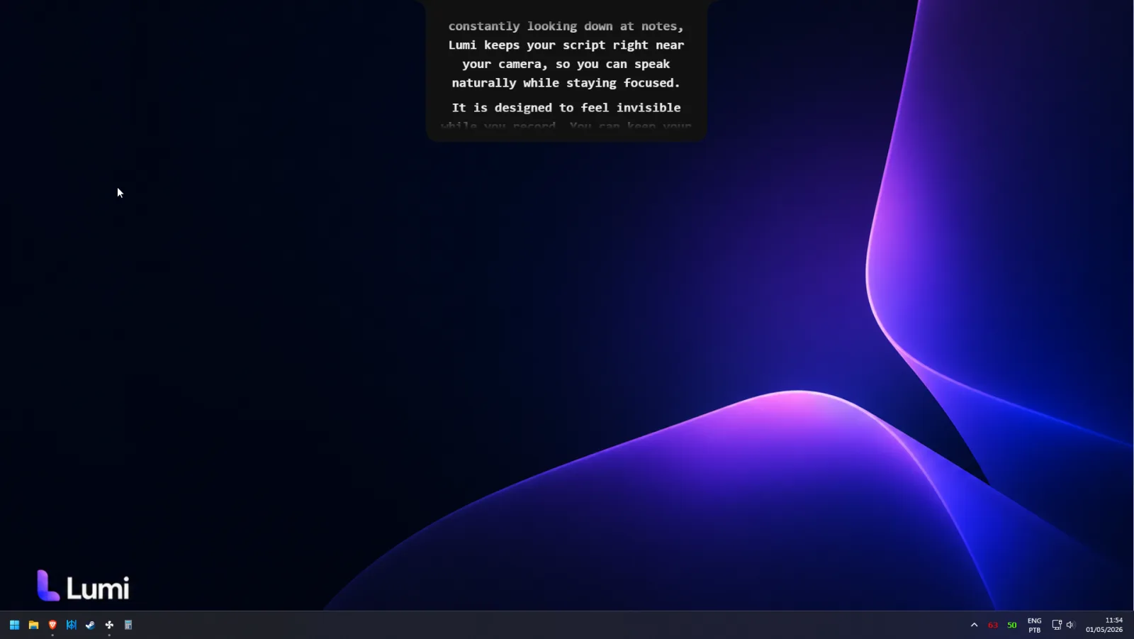 Lumi's private teleprompter overlay near the webcam — visible only to the presenter, hidden from screen shares