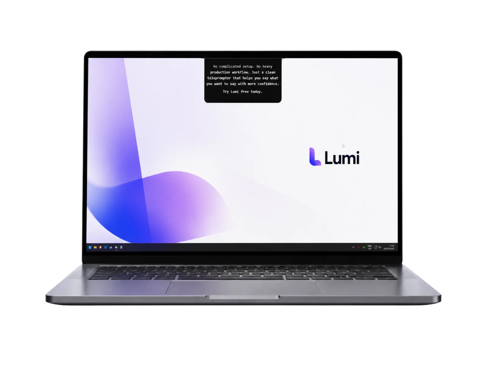 Lumi teleprompter app on a laptop — the script overlay sits at the top of the screen, right at the camera line