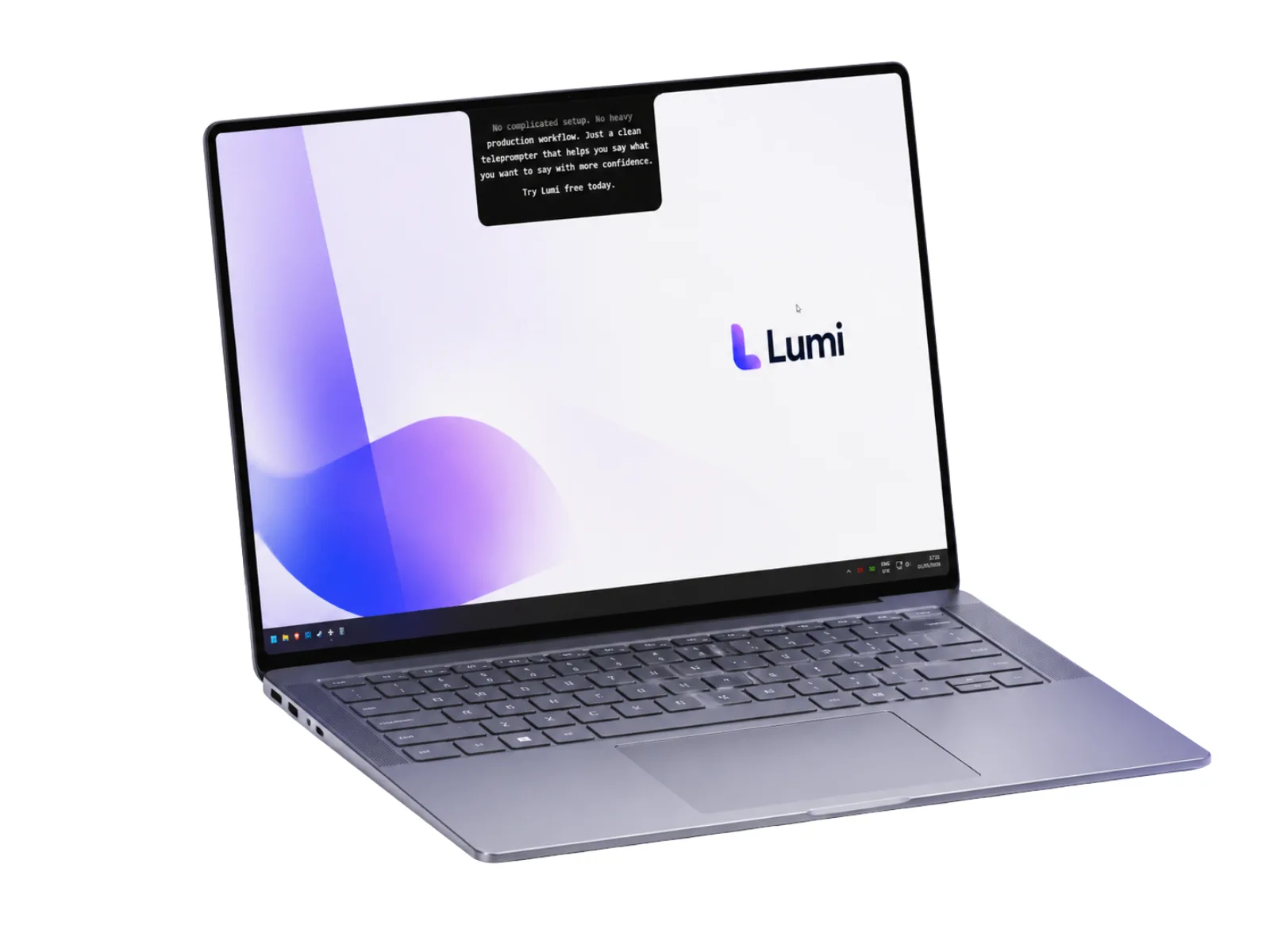 Laptop with the Lumi teleprompter overlay positioned at the camera line, ready to record